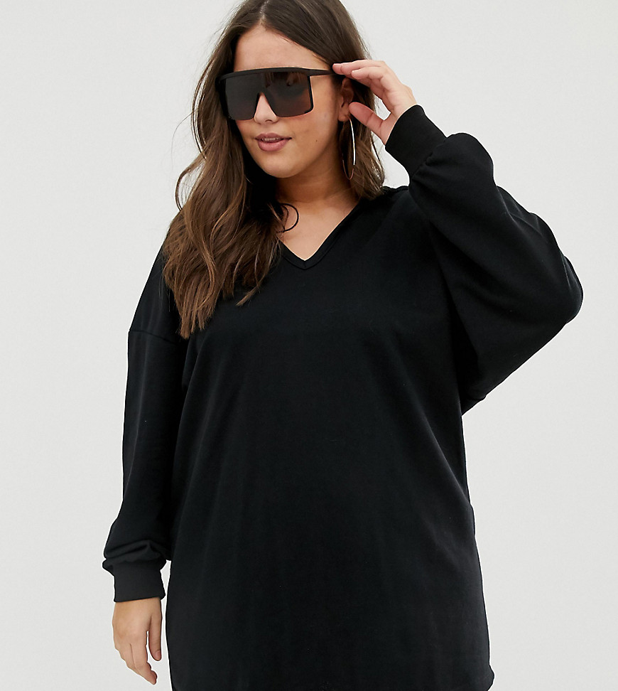 ASOS DESIGN Curve - Hoodie-jurk van sweaterstof met diepe V-hals-Zwart