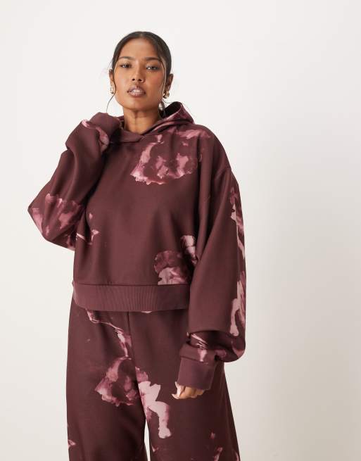 ASOS DESIGN Curve - Hoodie met bloemenprint in pruimenpaars, deel van co-ord set