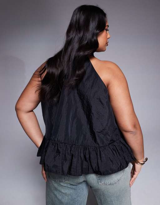 ASOS DESIGN Curve - Hoogsluitende aangerimpelde top met ruches aan de zoom in zwart, 2 van 4