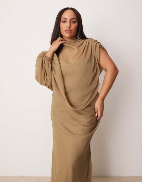 ASOS DESIGN Curve - Hoogsluitende asymmetrische maxi-jurk met gedrapeerd lijfje en uitsnijding in taupe - view 1