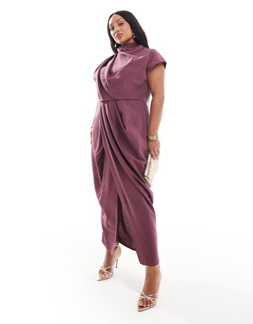 ASOS DESIGN Curve - Hoogsluitende gedrapeerde midi-jurk met blote schouder in aubergine