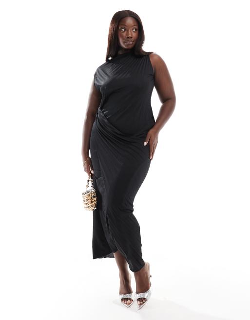ASOS DESIGN Curve - Hoogsluitende geplooide maxi jurk met gedrapeerde rok met overslag in zwart