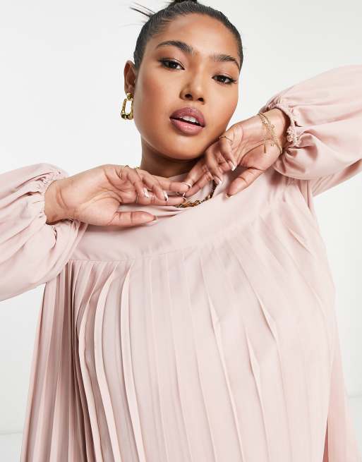 ASOS DESIGN Curve - Hoogsluitende geplooide mini jurk met A-lijn in beigeroze, 2 van 4