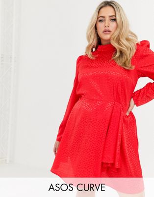 ASOS DESIGN Curve - Hoogsluitende jacquard mini-jurk-Rood