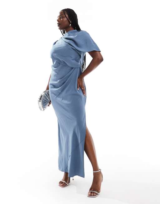 ASOS DESIGN Curve - Hoogsluitende maxi jurk met gedrapeerd lijfje en cape in blauw