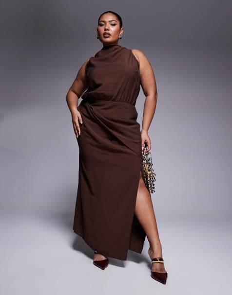ASOS DESIGN Curve - Hoogsluitende maxi-jurk met overslag in donker chocoladebruin - view 1
