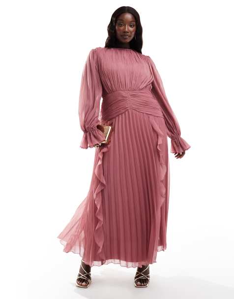 ASOS DESIGN Curve - Hoogsluitende maxi jurk met rimpeleffect en riemdetail in oudroze - view 1