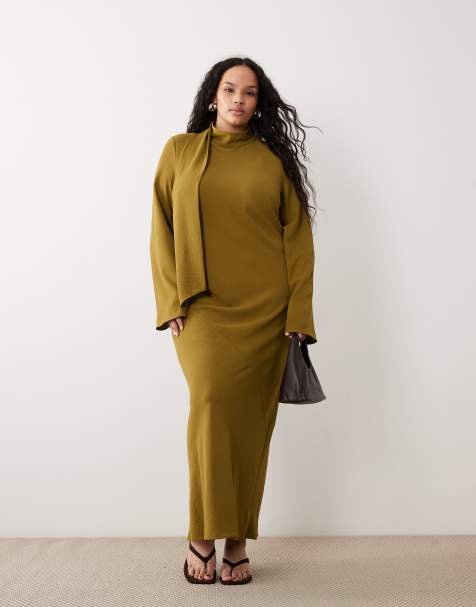 ASOS DESIGN Curve - Hoogsluitende maxi jurk met sjaaldetail in olijfgroen - view 1