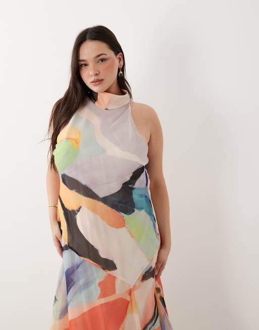 ASOS DESIGN Curve - Hoogsluitende maxi jurk van chiffon met abstracte print in multi, 2 van 4
