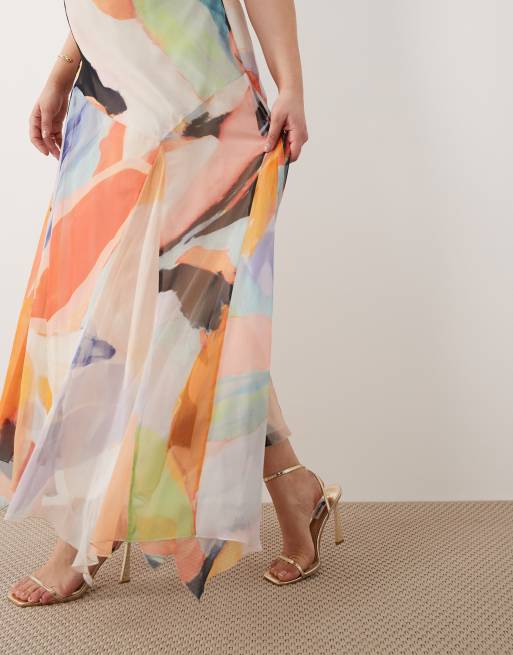 ASOS DESIGN Curve - Hoogsluitende maxi jurk van chiffon met abstracte print in multi, 4 van 4
