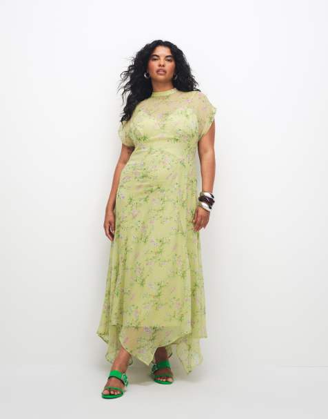 ASOS DESIGN Curve - Hoogsluitende maxi jurk van chiffon met zakdoekzoom en bloemenprint in limoengroen - view 1