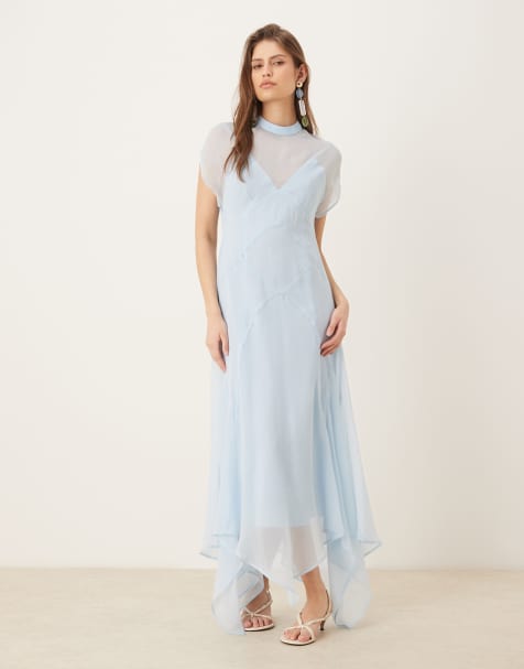 ASOS DESIGN Curve - Hoogsluitende maxi jurk van chiffon met zakdoekzoom in zachtblauw - view 1