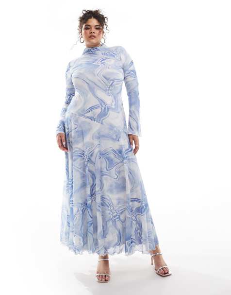 ASOS DESIGN Curve - Hoogsluitende maxi jurk van mesh met lange mouwen, A-lijn en abstracte print in blauw - view 1