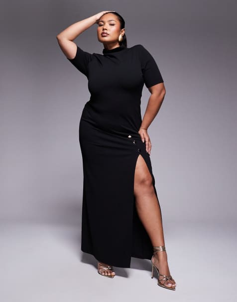 ASOS DESIGN Curve - Hoogsluitende maxi kokerjurk met korte mouwen, grote gouden knopen en split in zwart - view 1