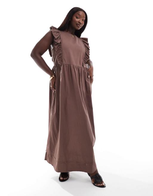 ASOS DESIGN Curve - Hoogsluitende midi jurk van keperstof met ruches langs de schouders in bruin
