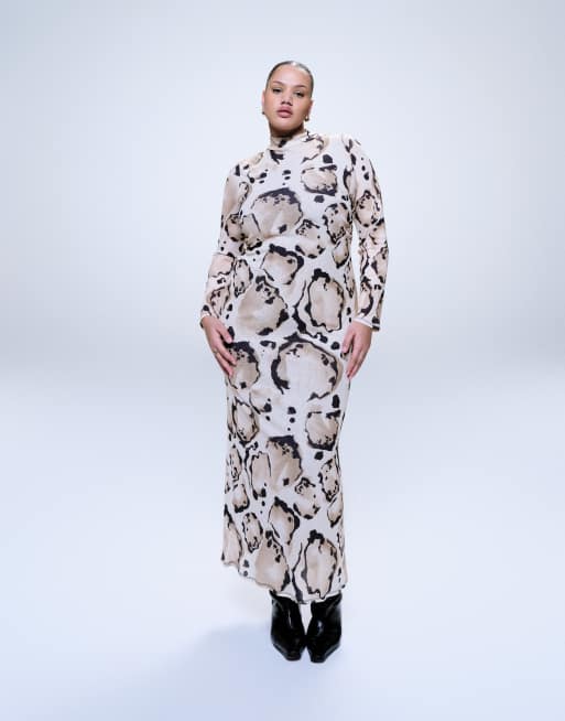 ASOS DESIGN Curve - Hoogsluitende midi-jurk van mesh met lange mouwen en dierenprint, 2 van 4