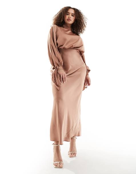 ASOS DESIGN Curve - Hoogsluitende satijnen maxi-jurk met ballonmouwen in mokka - view 1