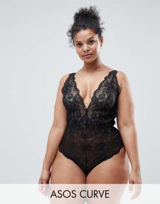 ASOS DESIGN Curve Blair high leg lace body with lace up back-Black Black