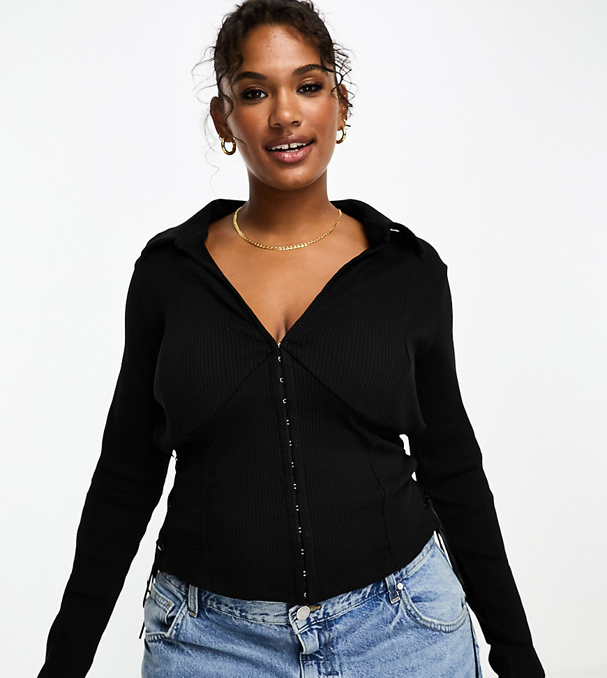 ASOS DESIGN Curve hook and eye lace up shirt in rib in black