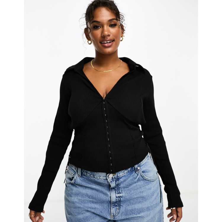 ASOS DESIGN Curve hook and eye ribbed lace up shirt in black