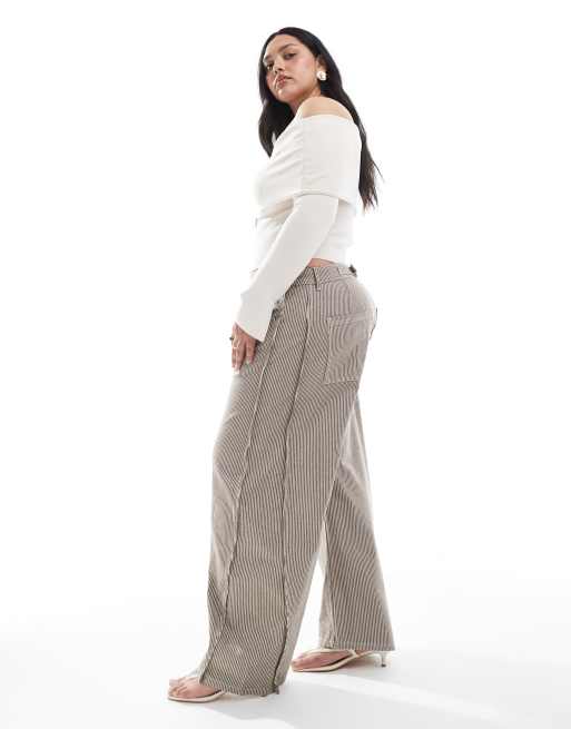 ASOS DESIGN Curve horseshoe trousers with tab waist detail in brown stripe, 2 of 5
