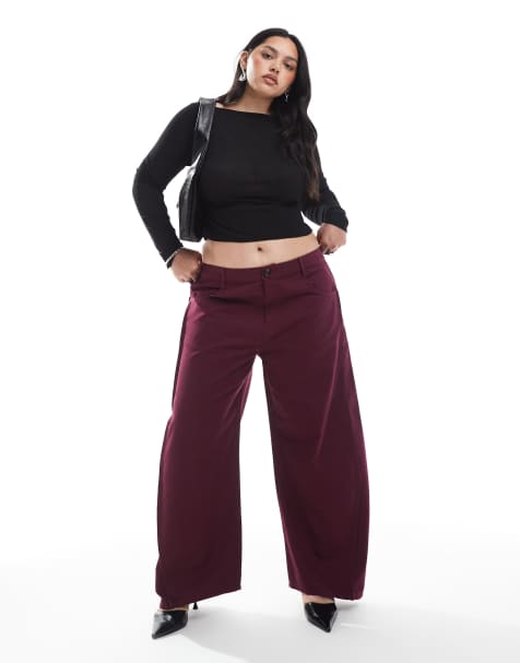 ASOS DESIGN Curve horseshoe trousers with tab waist detail in wine - view 1