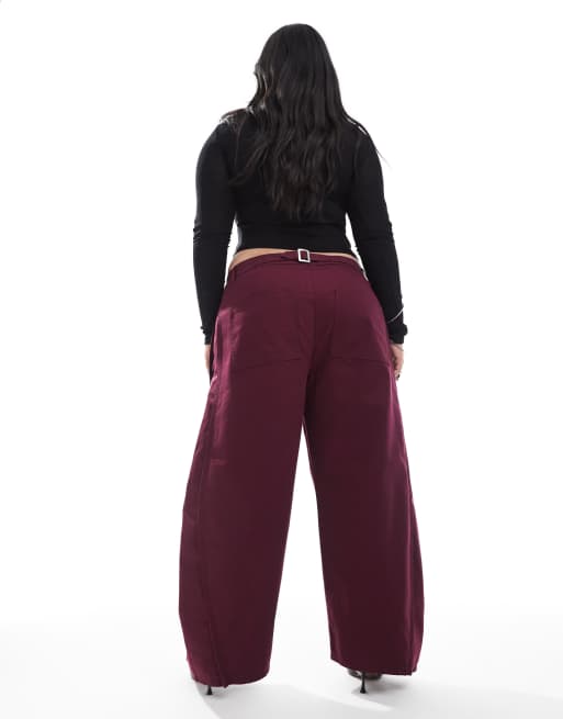 ASOS DESIGN Curve horseshoe trousers with tab waist detail in wine, 2 of 5