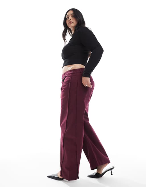 ASOS DESIGN Curve horseshoe trousers with tab waist detail in wine, 3 of 5