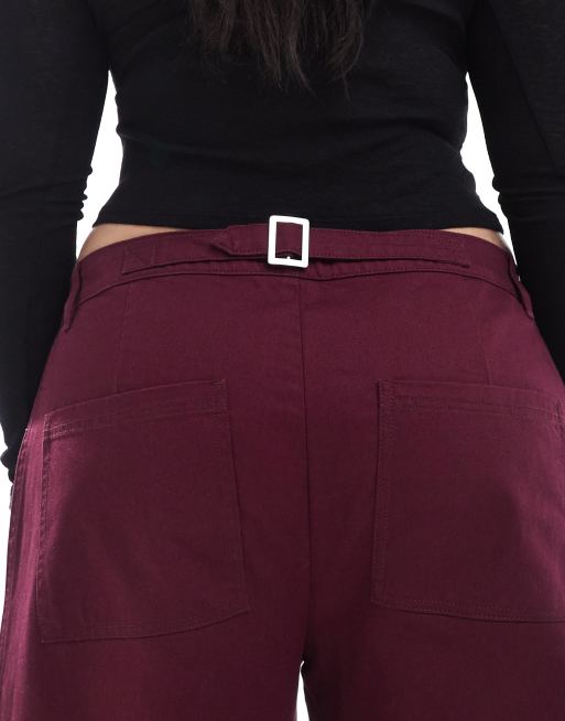 ASOS DESIGN Curve horseshoe trousers with tab waist detail in wine, 4 of 5