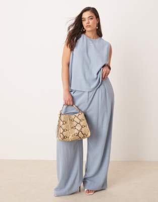ASOS DESIGN Curve - Hose in Blau mit Leinenanteil, Bundfalte und weitem Bein, Kombiteil