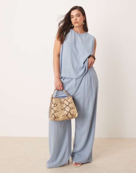 ASOS DESIGN Curve – Hose in Blau mit Leinenanteil, Bundfalte und weitem Bein, Kombiteil - view 1