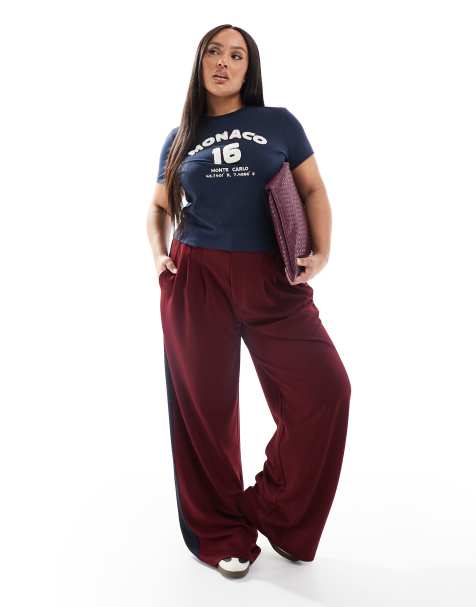 ASOS DESIGN Curve – Hose in Burgunderrot mit Kontrasteinsatz und weitem Beinschnitt - view 1