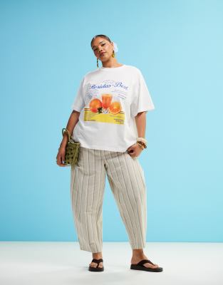 ASOS DESIGN Curve - Hose in Leinenoptik mit abgerundetem Beinschnitt und neutralen Streifen-Bunt