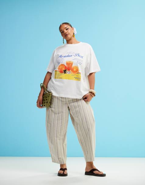 ASOS DESIGN Curve – Hose in Leinenoptik mit abgerundetem Beinschnitt und neutralen Streifen - view 1