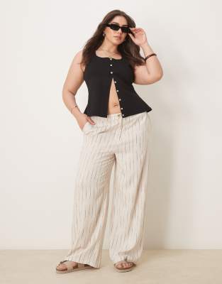 ASOS DESIGN Curve - Hose in Natur mit lockerem, geradem Schnitt, Leinenanteil und welligem Streifenmuster-Bunt
