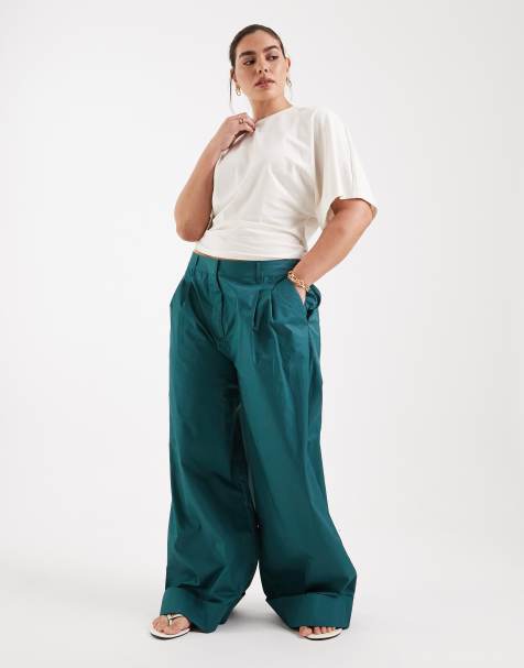 ASOS DESIGN Curve – Hose in Petrol mit weitem Bein und Umschlag, Kombiteil - view 1