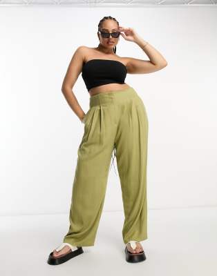 ASOS DESIGN Curve - Hose mit Leinenanteil in Olivgrün und Ziernähten am Bund