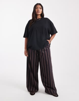 ASOS DESIGN Curve - Hose zum Überziehen in Marineblau mit weitem Bein und Streifen-Bunt