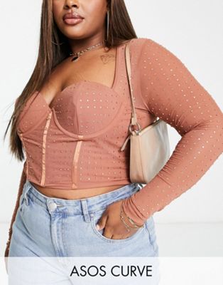 ASOS DESIGN Curve hotfix crystal stud bust cup corset top in blush