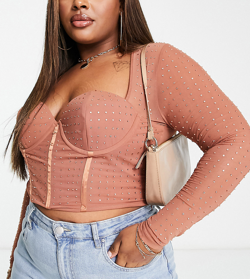 Tops by ASOS Curve Compliments: incoming All-over embellishment Sweetheart neck Cup detail Cropped length Slim fit