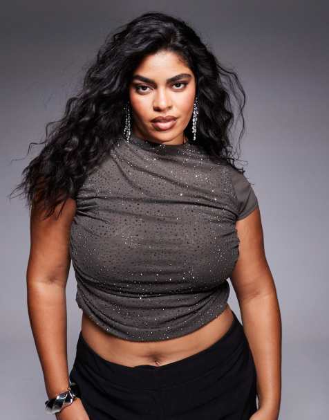 ASOS DESIGN Curve hotfix mesh drape top with cap sleeve in charcoal - view 1