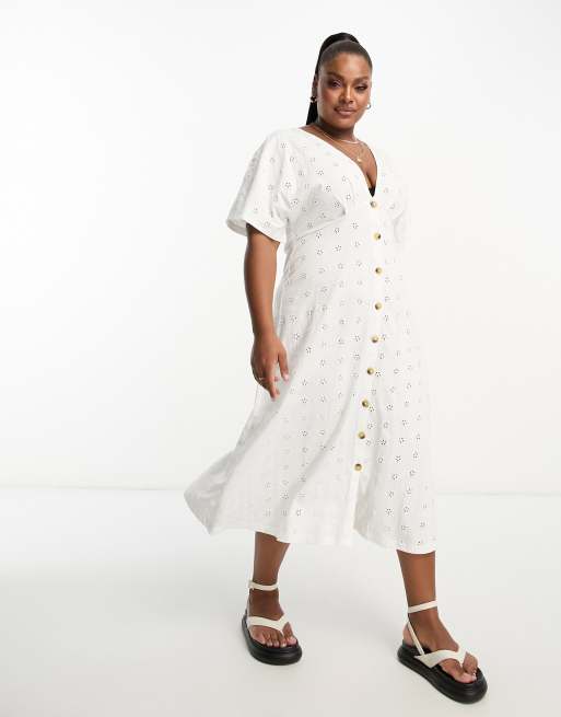 ASOS DESIGN Curve - Hvid broderet midikjole med V-hals og knapper