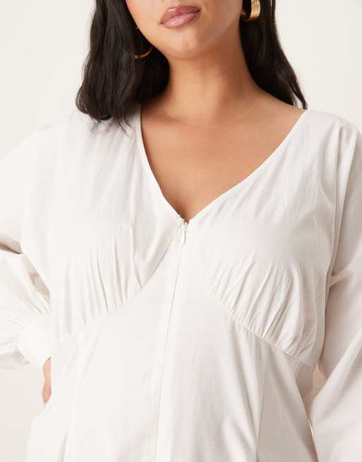 ASOS DESIGN Curve - Hvid maxikjole med V-hals og lange ærmer i poplin, 4 af 4