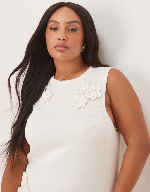 ASOS DESIGN Curve - Hvid midaxikjole i strik med blomsterapplikationsdetalje, 3 af 4