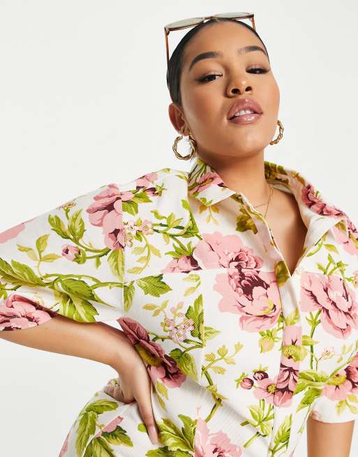 ASOS DESIGN Curve - Hvid mini-skjortekjole med lyserødt blomstermønster i twill, 4 af 4