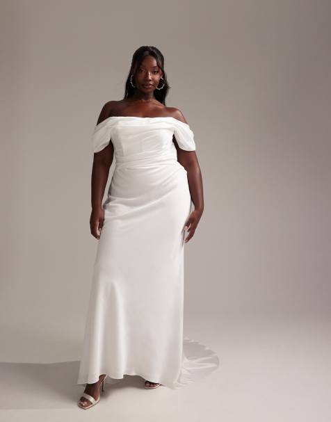 ASOS DESIGN Curve - Hvid og draperet maxi-brudekjole i satin med bardot-design - view 1