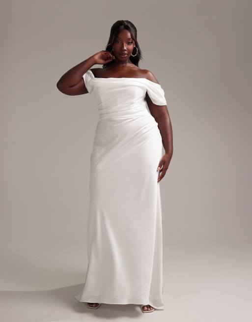 ASOS DESIGN Curve - Hvid og draperet maxi-brudekjole i satin med bardot-design, 5 af 6