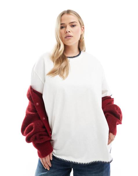 ASOS DESIGN Curve - Hvid og oversized T-shirt i slubmateriale med zigzag-detalje - view 1