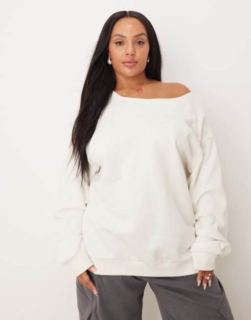 ASOS DESIGN Curve - Hvid oversized offshoulder-sweatshirt, 4 af 4