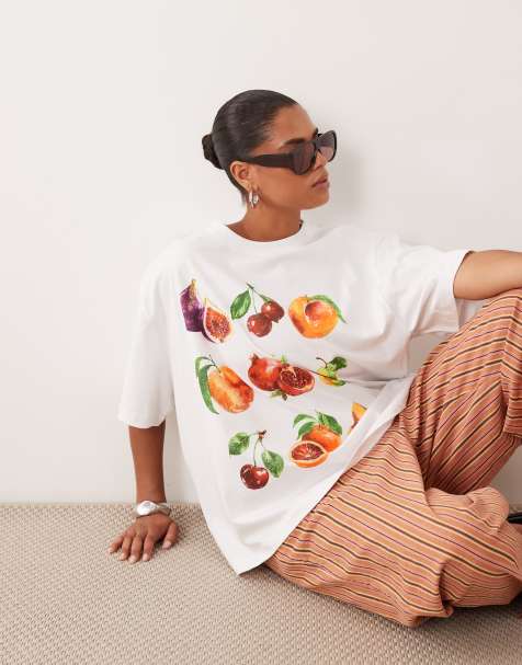 ASOS DESIGN Curve - Hvid oversized T-shirt med malet frugtgrafik - view 1